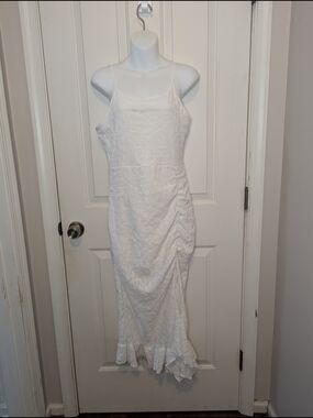 Joocy Babi White Lace Ruched Maxi Dress Ruffle Hem Cami Spaghetti Strap Size L